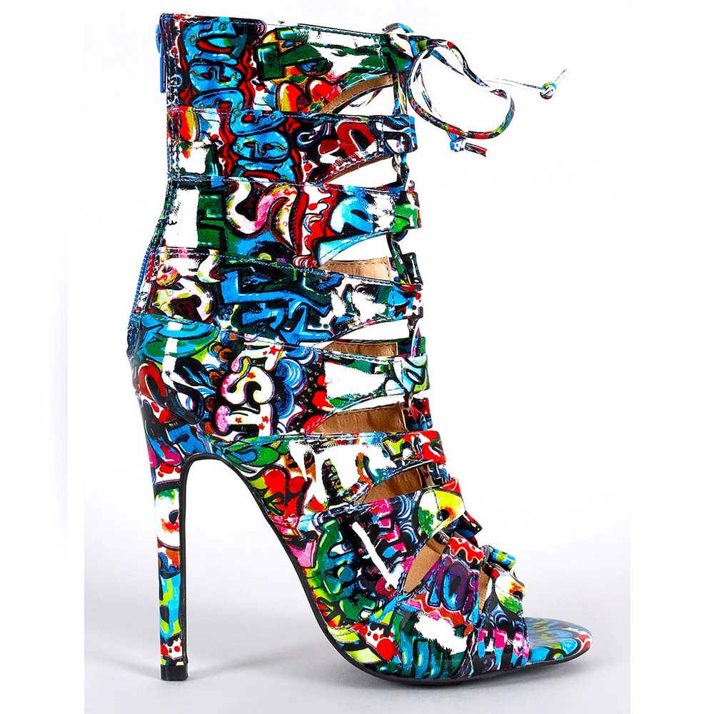 Liliana Graffiti Caged Lace Up Heel